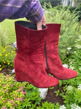 Hogan Burgundy Red Suede Ankle Booties with Side Zip